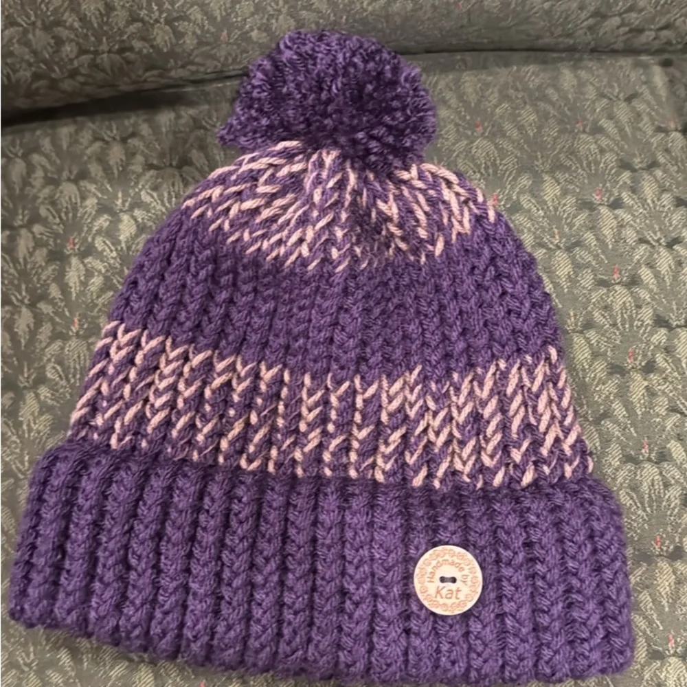 *NEW* Purple and Brown hand Knit Adult stocking cap - Picture 1 of 1